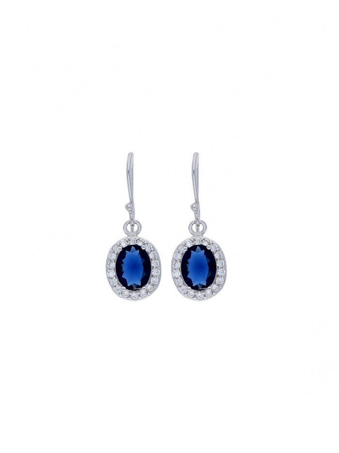 925 Silver Rhodium Plated Drops adorned with Blue and Clear Man made Cubic Zirconia