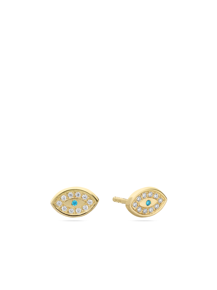 14K Gold Stud decorated with Sky Blue and Clear Man made Cubic Zirconia