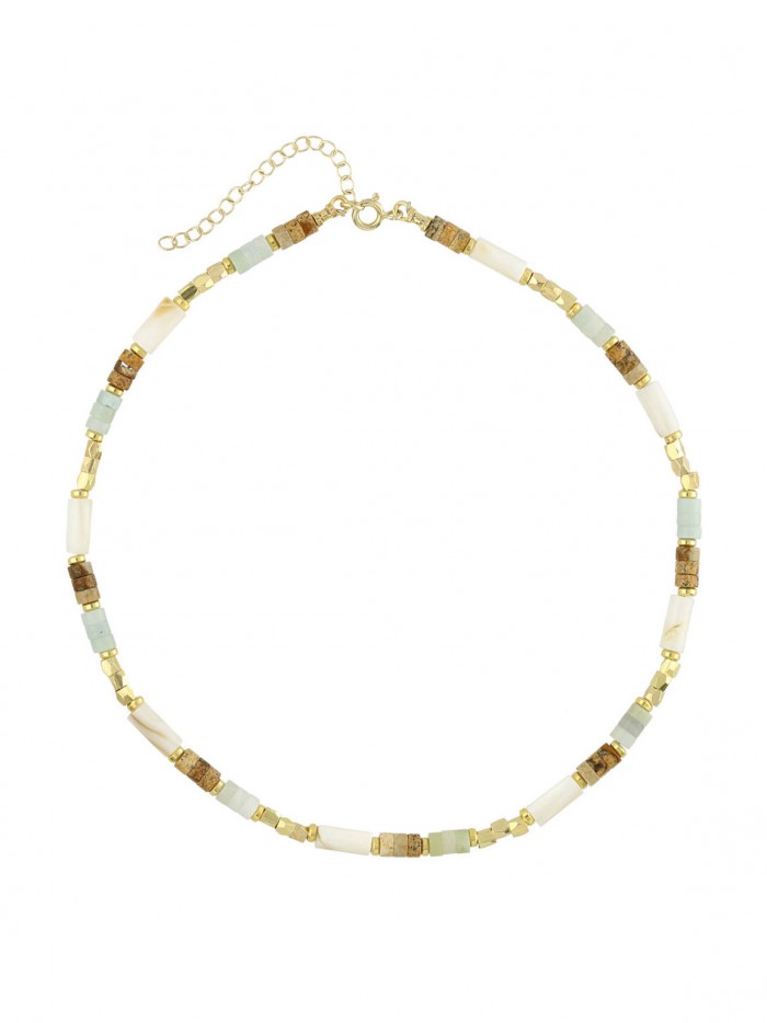 Gold Plated Choker necklace decorated with Man made Mother of Pearl, Man made Jasper and Man made Howlite