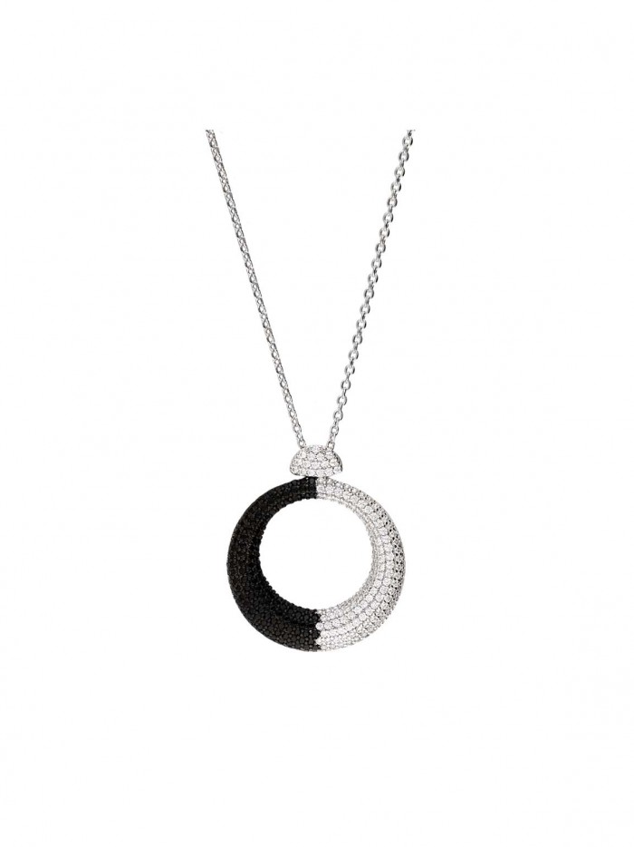 925 Silver Rhodium Plated Pendant Necklace adorned with Black and Clear Man made Cubic Zirconia