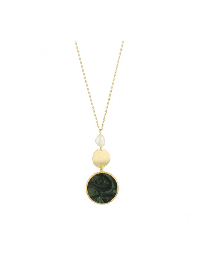 Gold Plated Pendant Necklace decorated with Man made Agate and Cultured Pearl