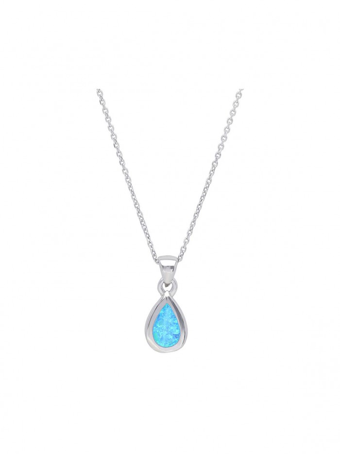 925 Silver Rhodium Plated Pendant Necklace decorated with Blue Man made Opal