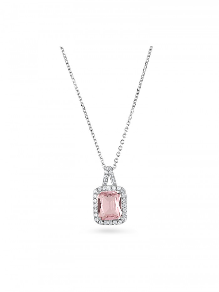 925 Silver Rhodium Plated Pendant Necklace adorned with Clear and Pink Man made Cubic Zirconia
