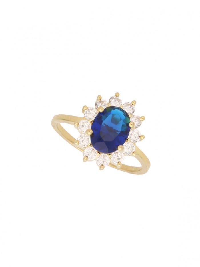 Gold Plated Delicate Ring adorned with Blue and Clear Man made Cubic Zirconia