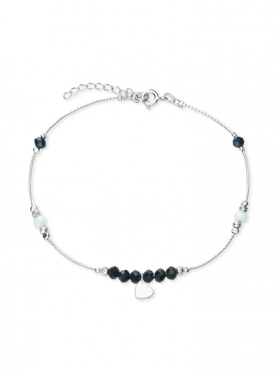 925 Silver Rhodium Plated Ankle Bracelets adorned with Black and Sky Blue Crystal Glass