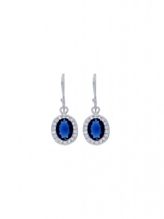 925 Silver Rhodium Plated Drops adorned with Blue and Clear Man made Cubic Zirconia