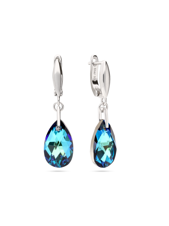 925 Silver Rhodium Plated Drops adorned with Green and Blue Man made Swarovski Crystal