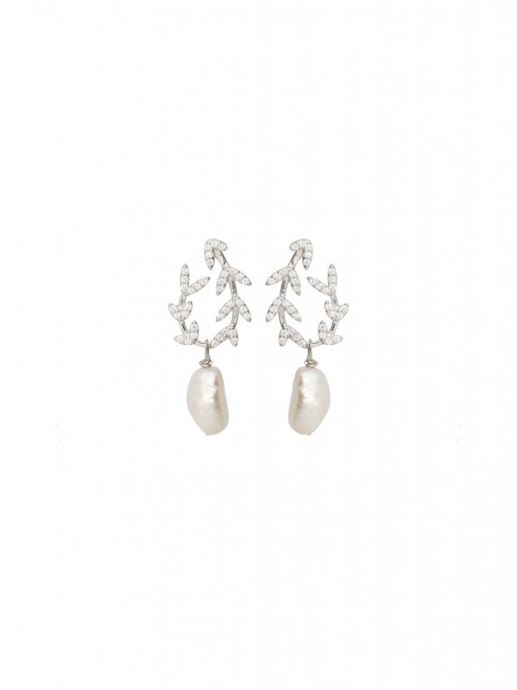 925 Silver Rhodium Plated Drops decorated with Man made Cubic Zirconia and Cultured Pearl