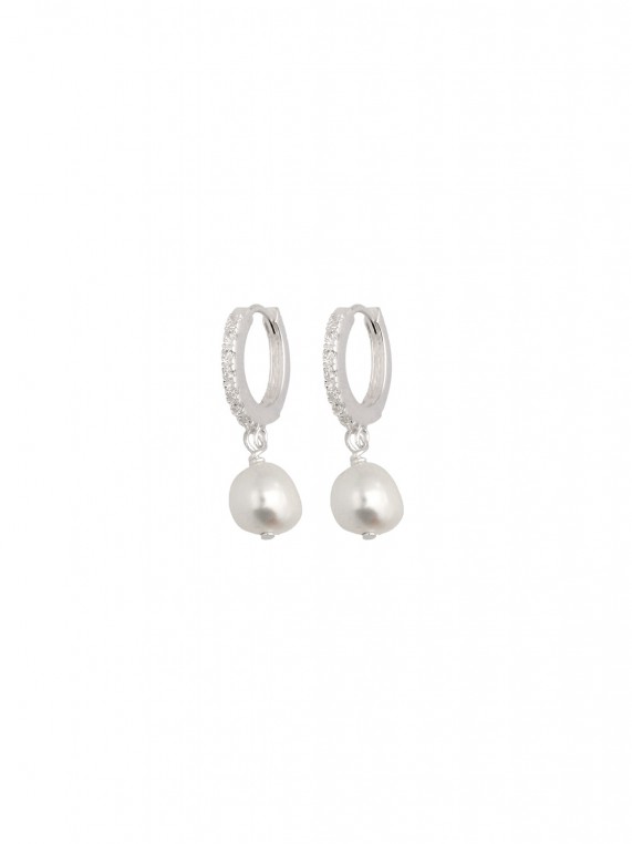 925 Sterling Silver Hoops decorated with Man made Cubic Zirconia and Cultured Pearl