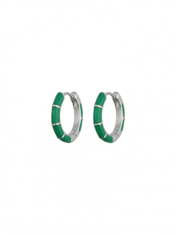 925 Silver Rhodium Plated Hoops decorated with Green Enamel
