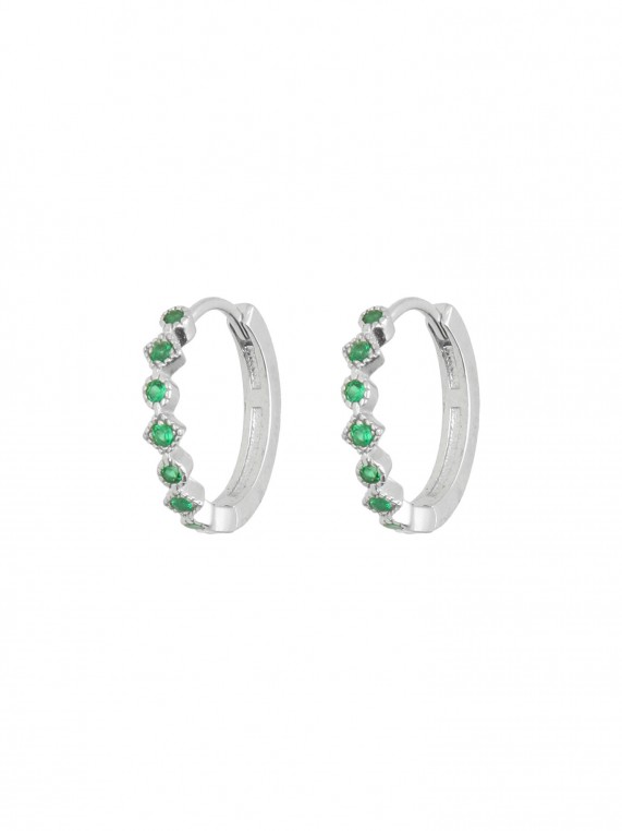 925 Silver Rhodium Plated Hoops adorned with Green Man made Cubic Zirconia