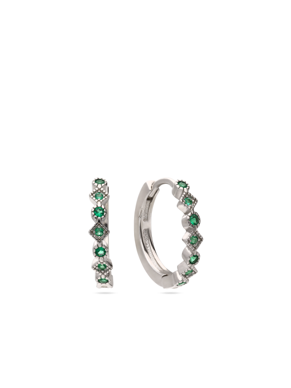 925 Silver Rhodium Plated Hoops adorned with Green Man made Cubic Zirconia