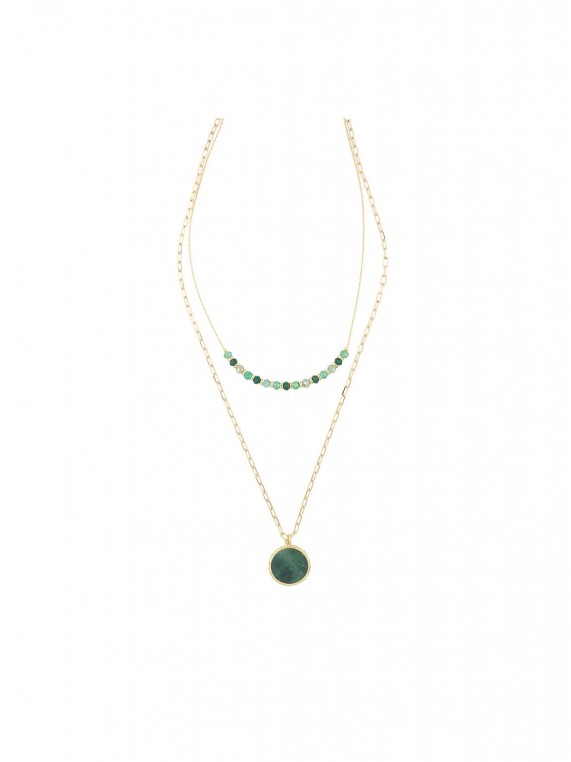 Gold Plated Double necklace decorated with Crystal Glass and Man made Amazonite
