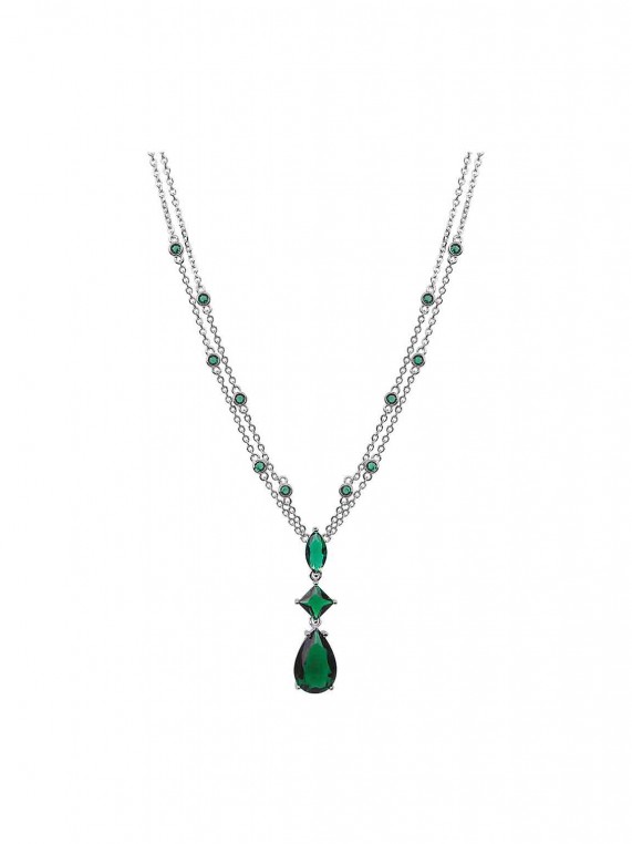 925 Silver Rhodium Plated Pendant Necklace styled with Green Man made Cubic Zirconia