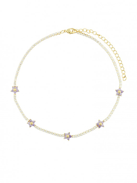 Gold Plated Choker necklace styled with Purple and Clear Man made Cubic Zirconia