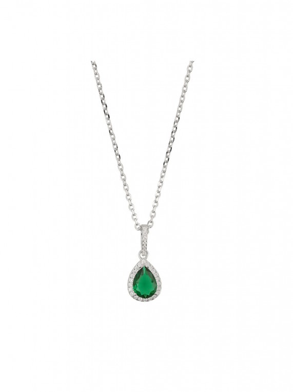 925 Silver Rhodium Plated Pendant Necklace decorated with Green and Clear Man made Cubic Zirconia