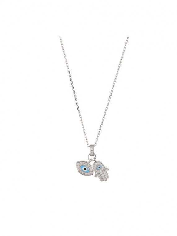 925 Sterling Silver Pendant Necklace decorated with Blue and Clear Man made Cubic Zirconia