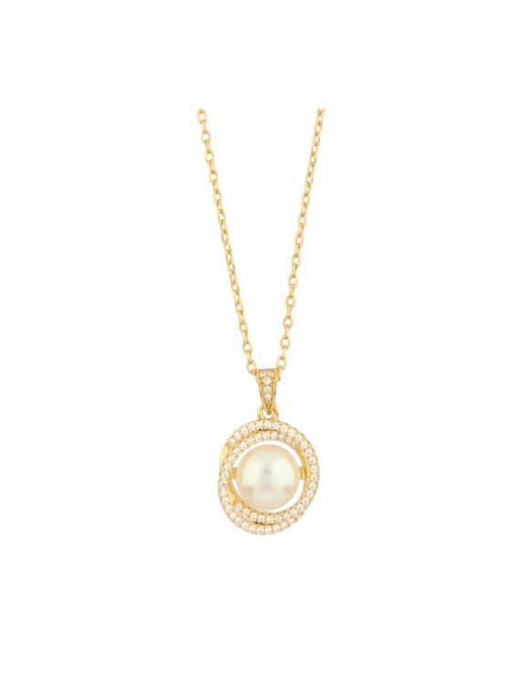 Gold Plated Pendant Necklace adorned with Man made Cubic Zirconia and Cultured Pearl