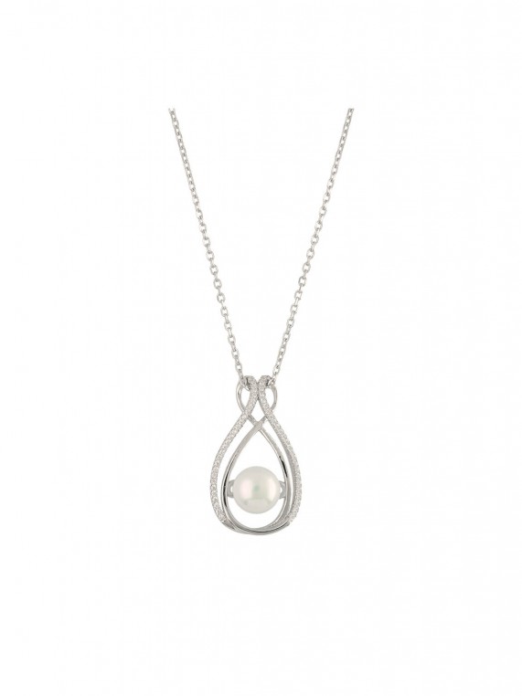 925 Silver Rhodium Plated Pendant Necklace decorated with Man made Cubic Zirconia and Cultured Pearl
