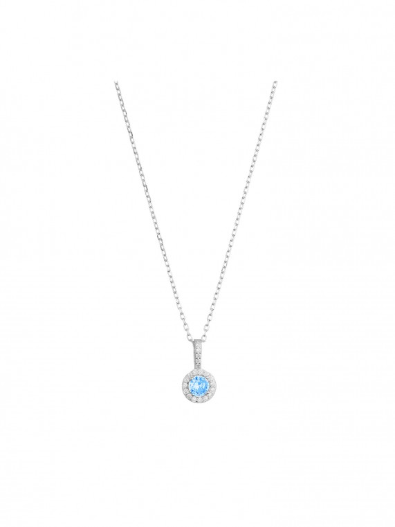 925 Silver Rhodium Plated Pendant Necklace adorned with Sky Blue and Clear Man made Cubic Zirconia