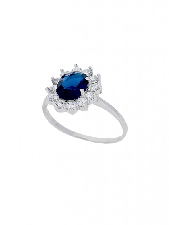 925 Silver Rhodium Plated Delicate Ring styled with Blue and Clear Man made Cubic Zirconia