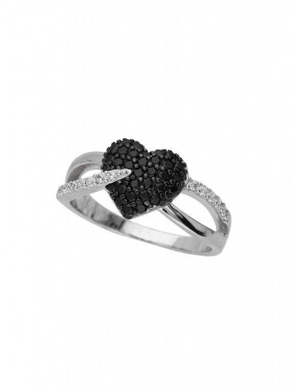 925 Sterling Silver Delicate Ring styled with Black and White Man made Cubic Zirconia