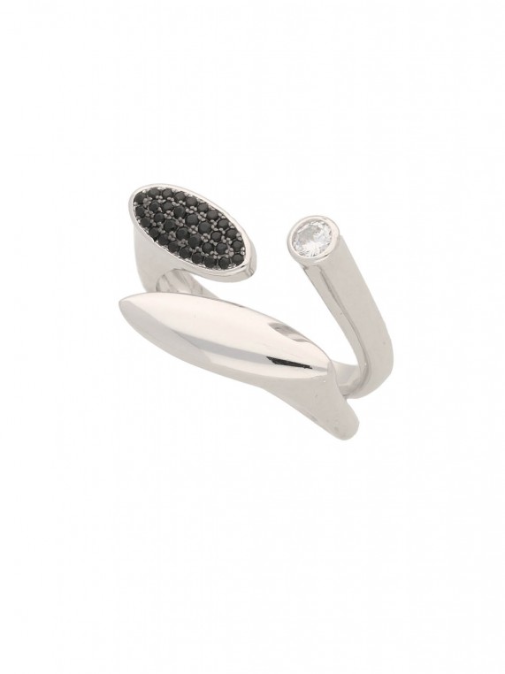 925 Silver Rhodium Plated Statement Ring adorned with Black and Clear Man made Cubic Zirconia