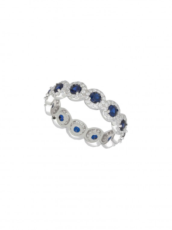 925 Silver Rhodium Plated Delicate Ring styled with Blue and Clear Man made Cubic Zirconia