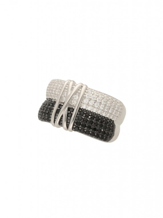 925 Silver Rhodium Plated Statement Ring decorated with Black and Clear Man made Cubic Zirconia