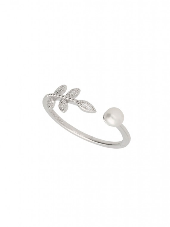 925 Silver Rhodium Plated Delicate Ring styled with Man made Cubic Zirconia and Synthetic pearl