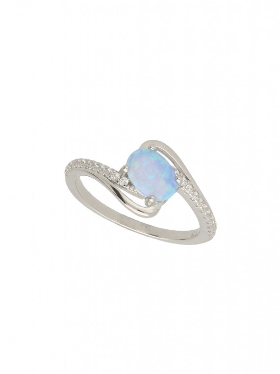 925 Silver Rhodium Plated Delicate Ring decorated with Man made Cubic Zirconia and Man made Opal