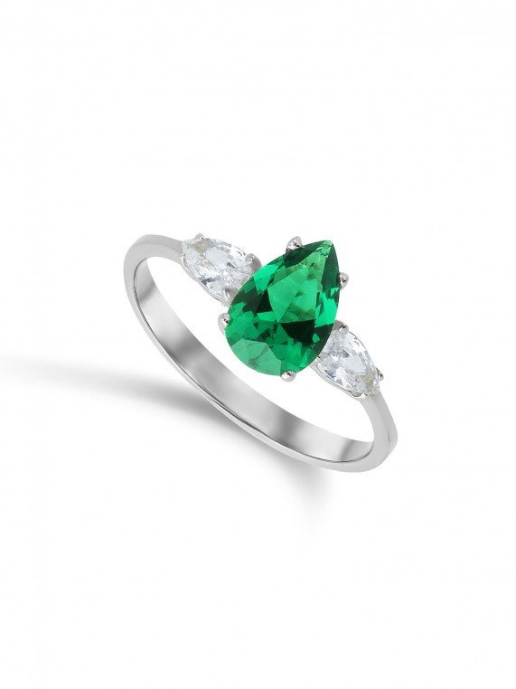 14K White Gold Ring Inlaid with Green and Transparent Zirconia Stones