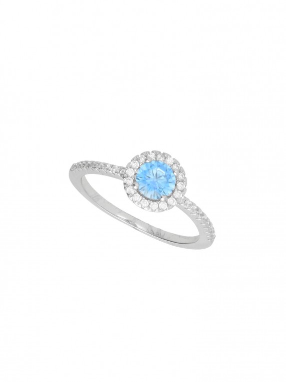 925 Silver Rhodium Plated Delicate Ring styled with Sky Blue and Clear Man made Cubic Zirconia