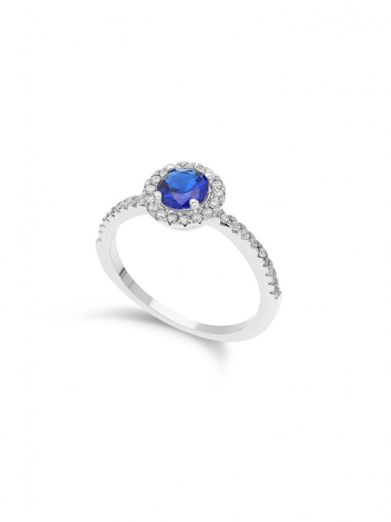 925 Silver Rhodium Plated Delicate Ring adorned with Blue and Clear Man made Cubic Zirconia